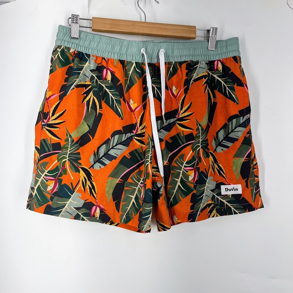 Duvin Design Co Mens‎ Tropical Bird of Paradise Swim Trunks Orange Green  Size L